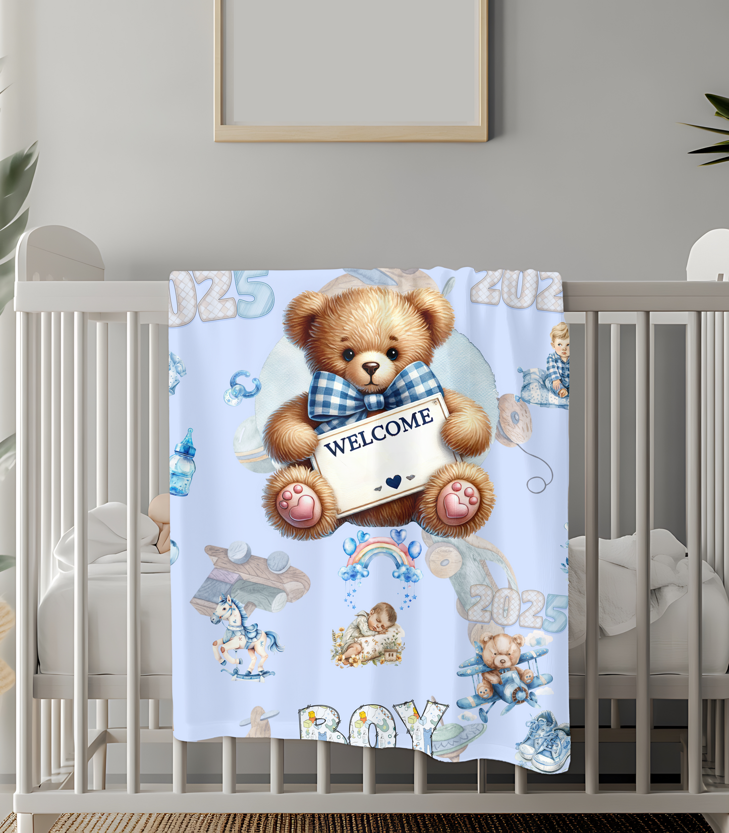 Velveteen Plush Blanket, Baby Boy, New Born - Nursery Decor Gift, Soft Cozy Throw, Infant Bedding, Baby Shower Present, Toddler Bed Blanket