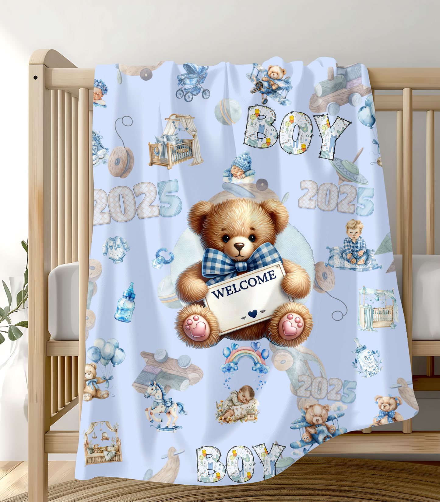 Velveteen Plush Blanket, Baby Boy, New Born - Nursery Decor Gift, Soft Cozy Throw, Infant Bedding, Baby Shower Present, Toddler Bed Blanket